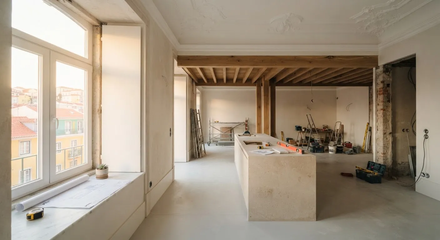 Remodelação de um apartamento luminoso em Lisboa: tetos altos com sancas históricas restauradas, pavimento em microcimento e ilha de cozinha em pedra calcária portuguesa.