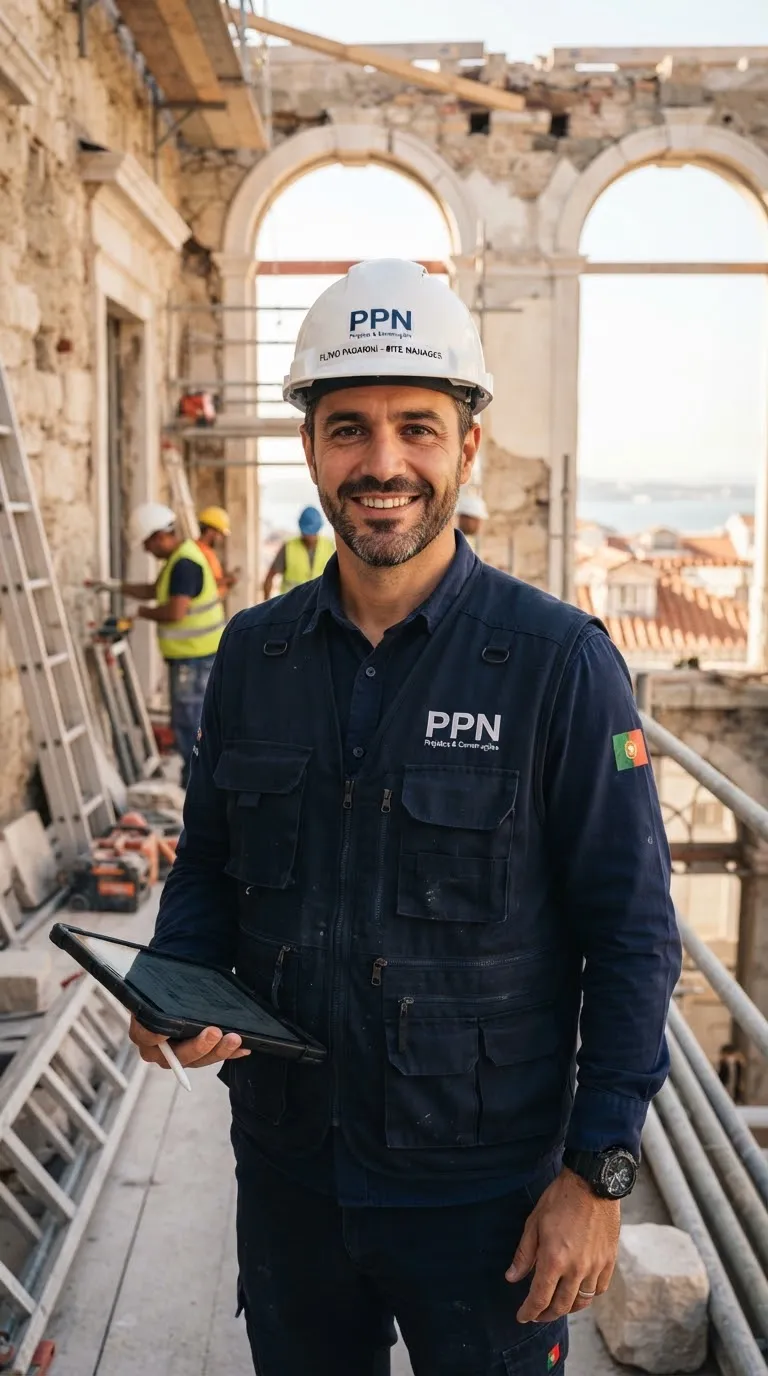 Plinio Paganini, diretor de obra, com capacete e colete de segurança num estaleiro residencial, a consultar plantas do projeto.