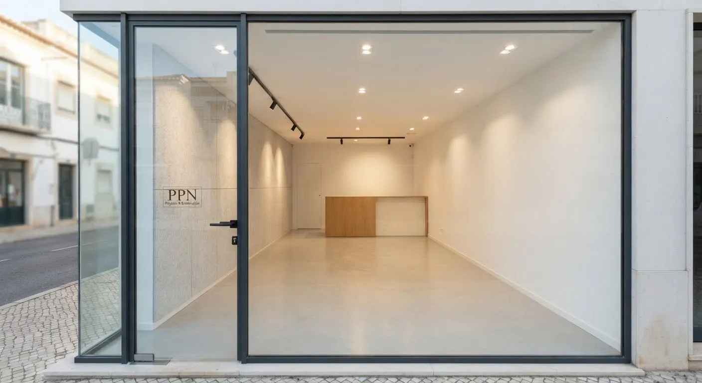 Loja contemporânea em Almada com pavimento em microcimento, iluminação encastrada e montra em vidro.