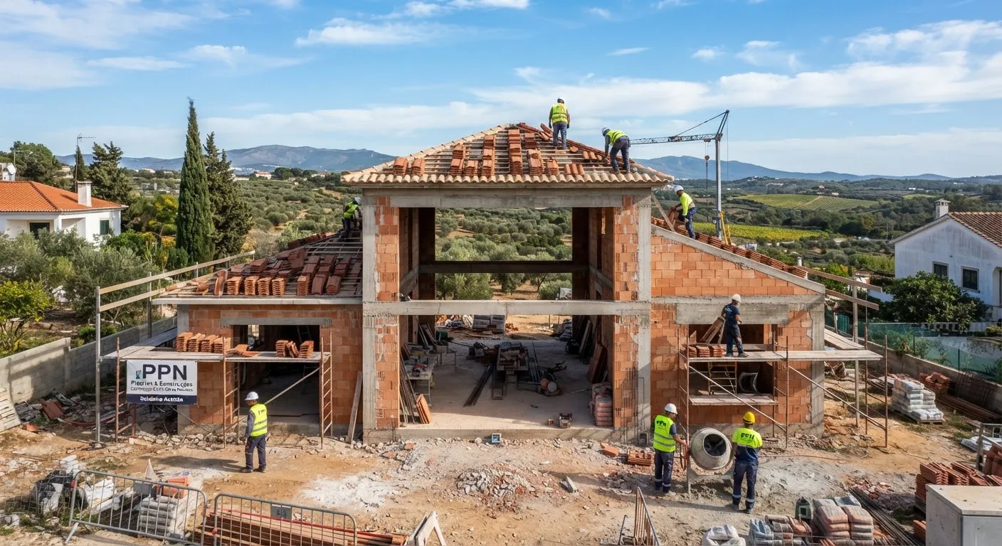 Moradia em Azeitão em fase de estrutura, com pilares de betão armado e nova abertura panorâmica.